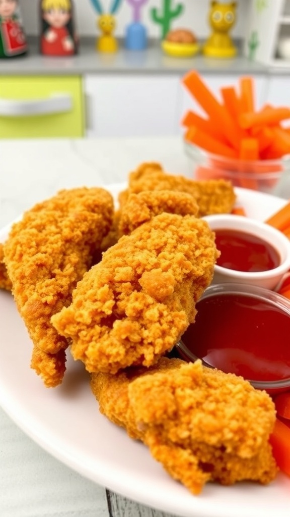 Crispy air fryer chicken tenders on a plate with ketchup and carrot sticks.